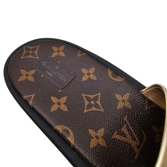 Louis Vuitton Sunbath Slide Sandal Flat Gold Brown Monogram Canvas Size 38 US 8 - Picture 7 of 12